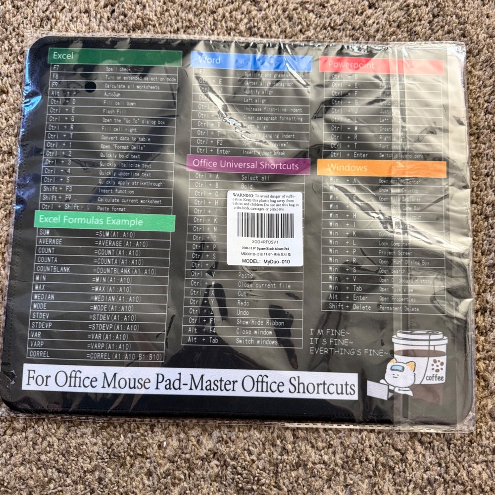 MyDuo Black Office Shortcut Mouse Pad Excel Word Windows 11.8" New